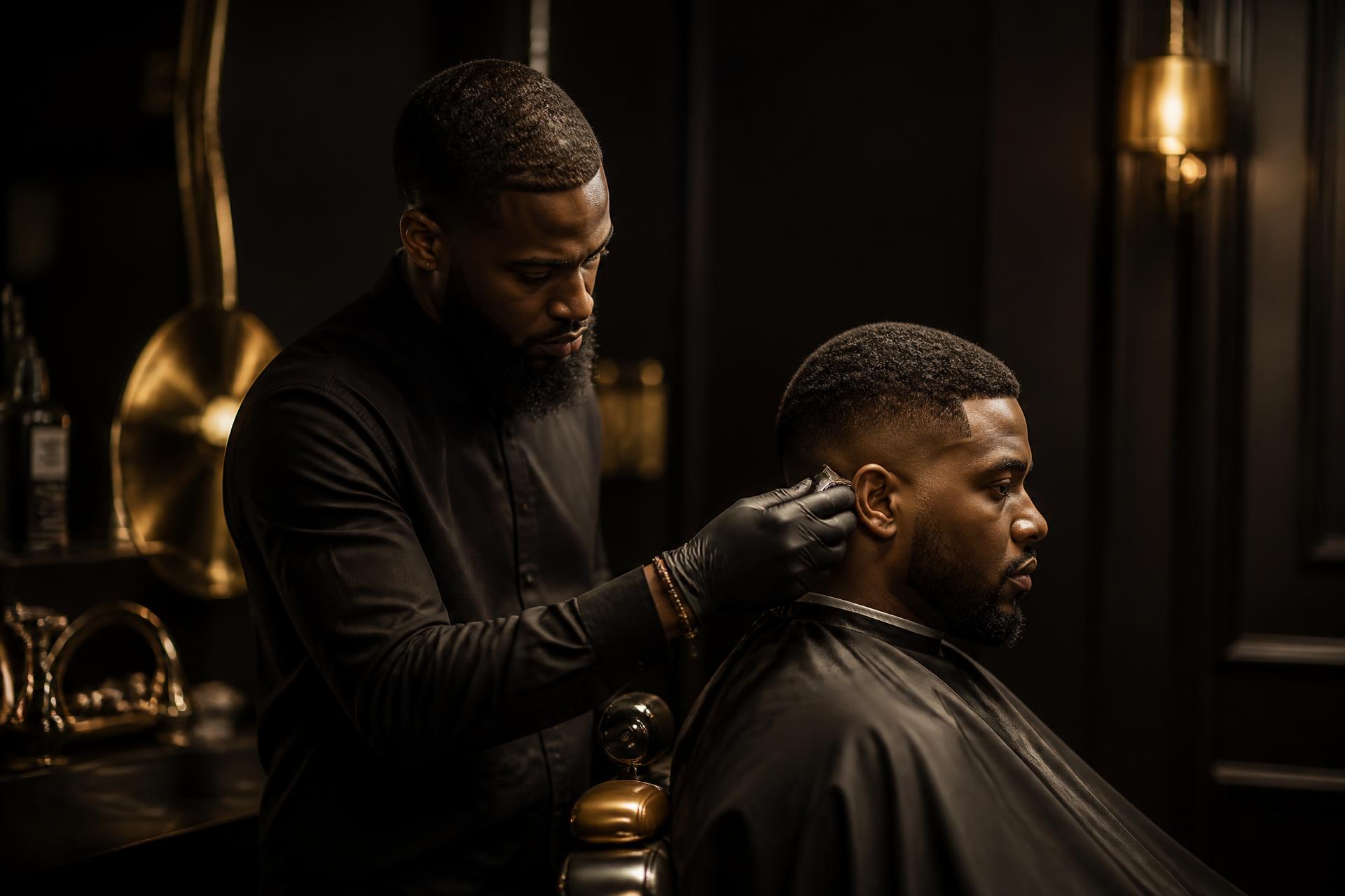 OSAMA LUXE — barber finishing a precision fade under warm gold light