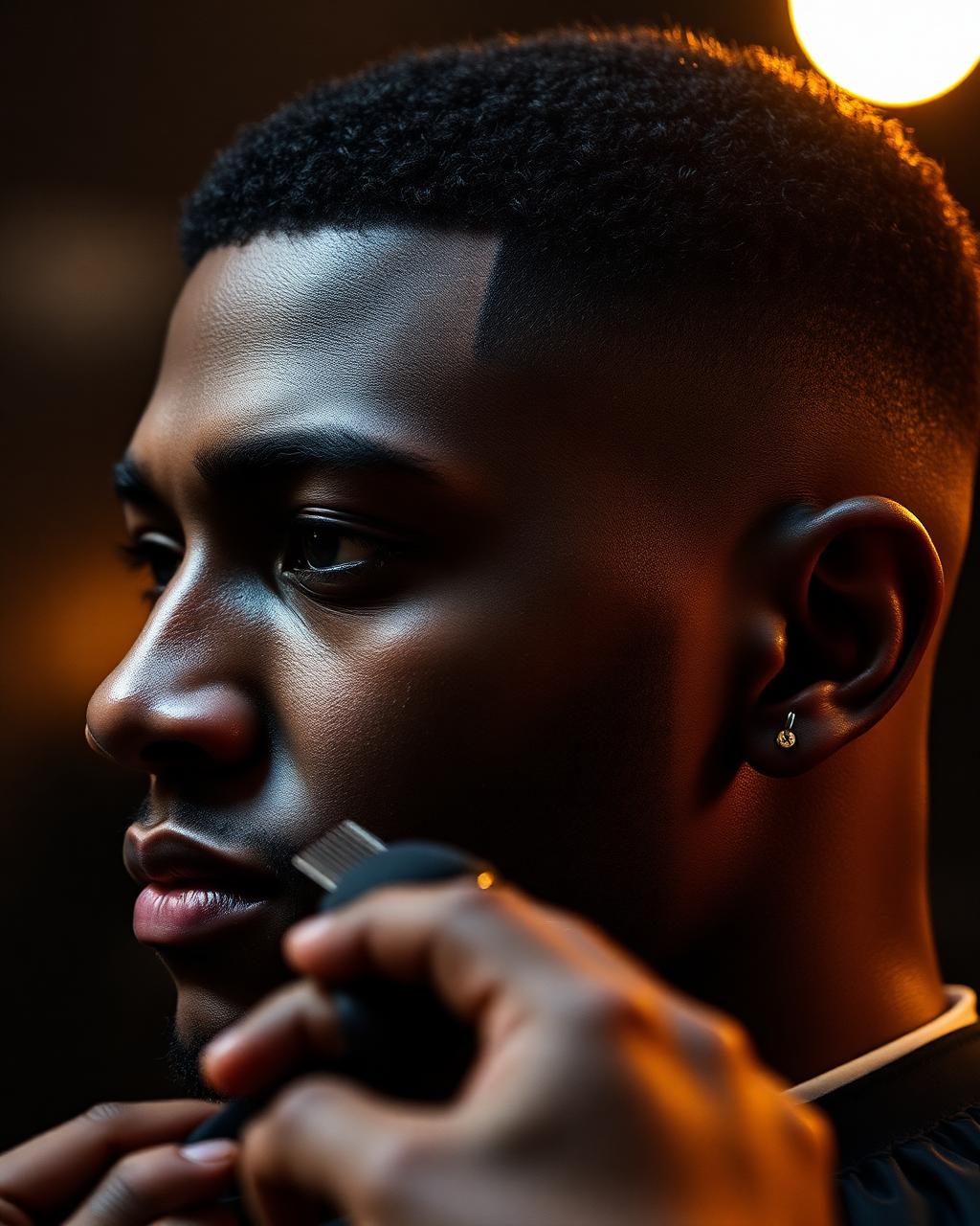 Close-up of a sharp fade haircut